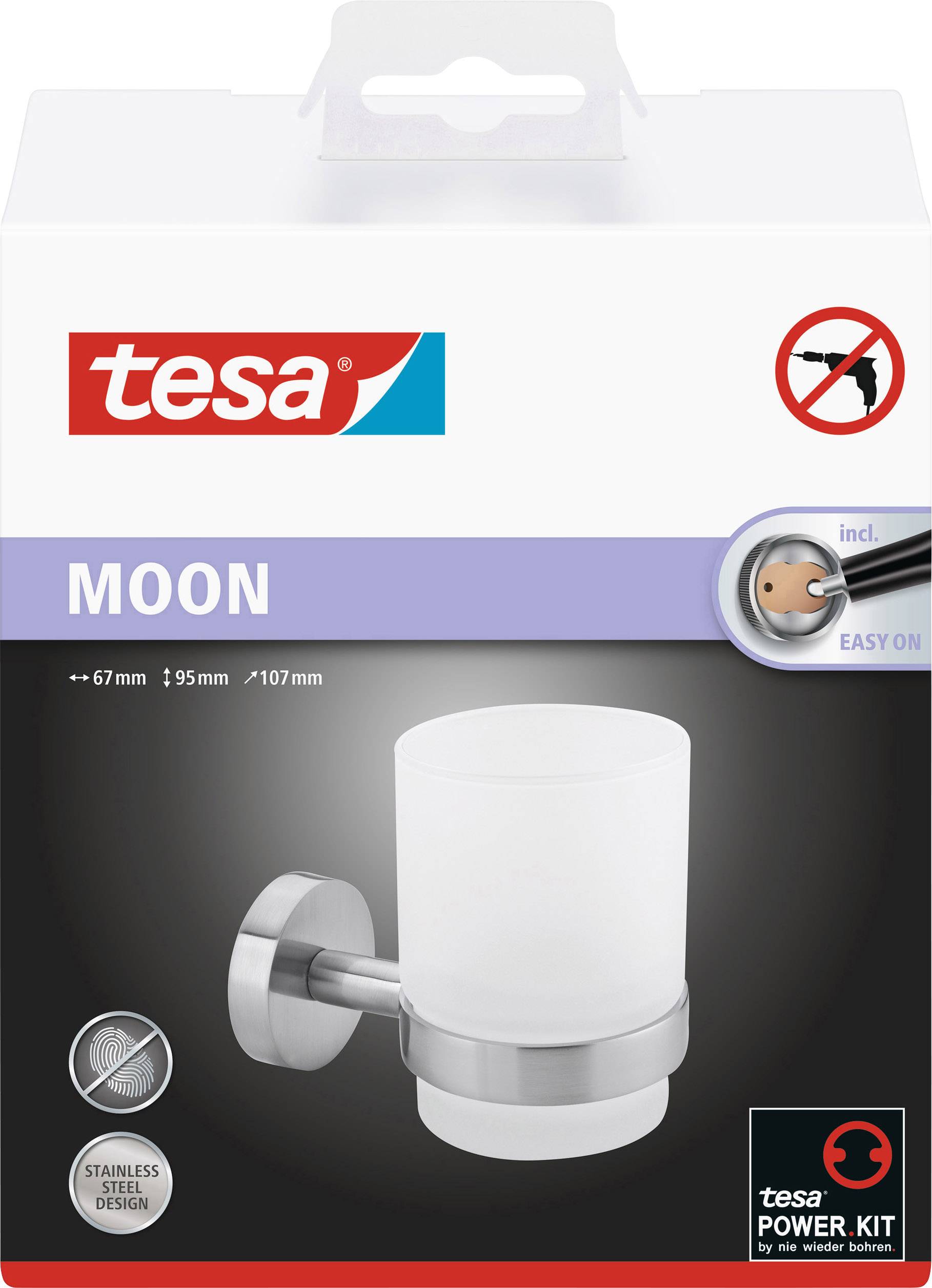 Packaging for the 'MOON' bathroom holder by tesa, made of stainless steel, including mounting kit, no drilling required, diameter 67, 95, 107 mm.