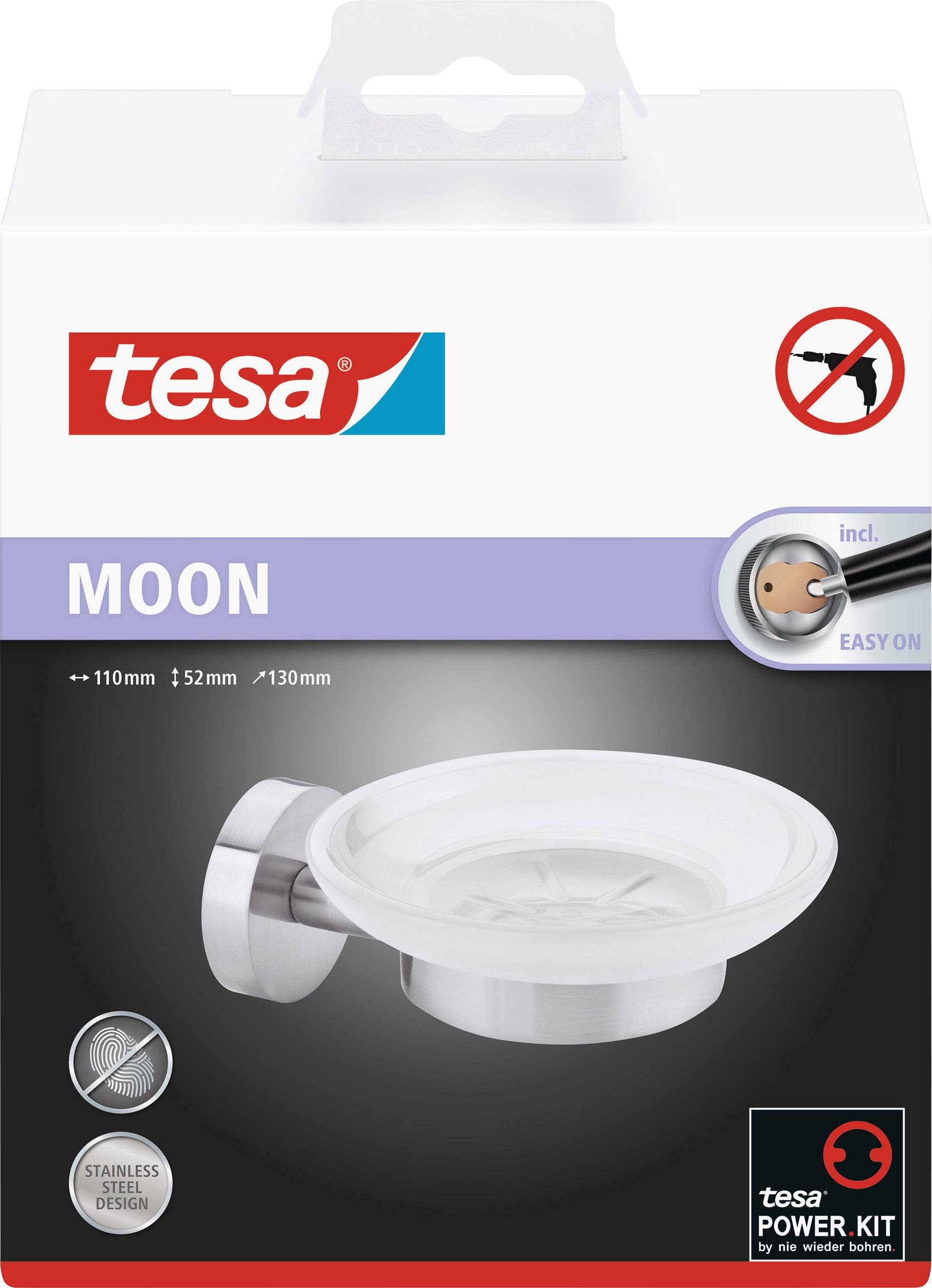 tesa Soap Dish 'MOON', Stainless Steel Look, Easy Mounting without Drilling, Includes tesa Power Kit for Fixing.