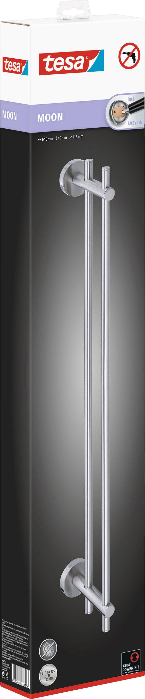 Packaging of a chrome double towel holder by Tesa, model "Moon", pictured. Does not include drill-free symbol and mounting details.
