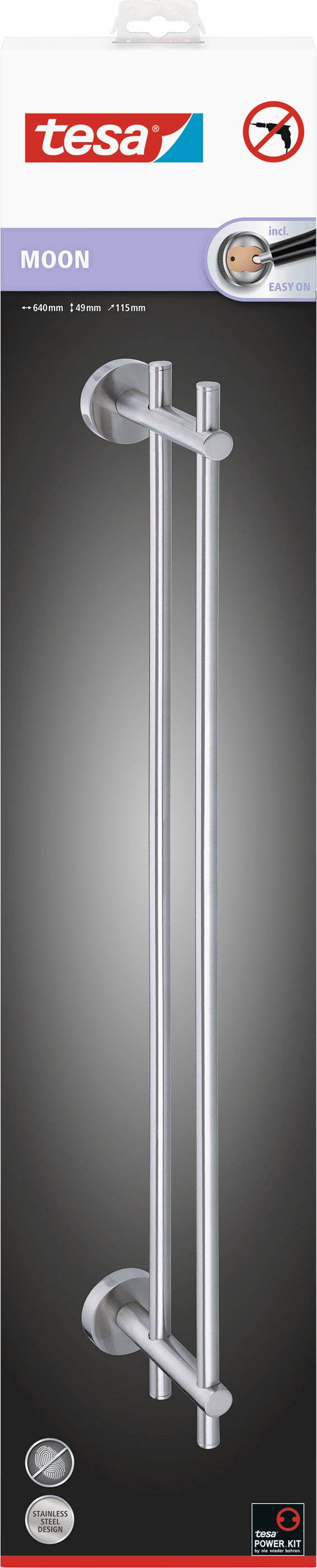 Packaging for a stainless steel bathroom accessory by Tesa, Model 'MOON', 70 cm in length, self-adhesive and mountable without drilling.