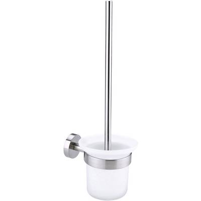 Toilet brush in a stainless steel and white plastic holder, mounted on a wall. Elegant and functional for the bathroom.