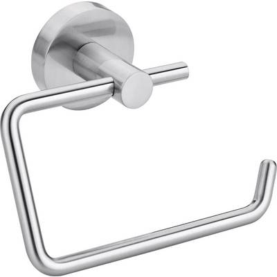 A modern, wall-mounted toilet roll holder made of brushed metal with an open design for easy handling.
