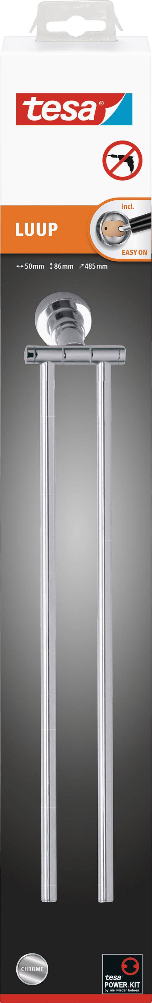 Packaging for a tesa LUUP towel holder. Two rails, stainless steel finish, no drilling required. Brand logo at the top, product image in the centre.
