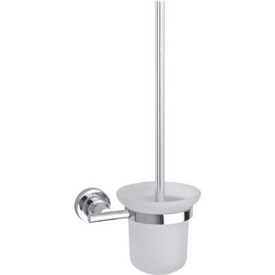 Metal and glass toilet brush holder for wall mounting. Silver handle, white container.