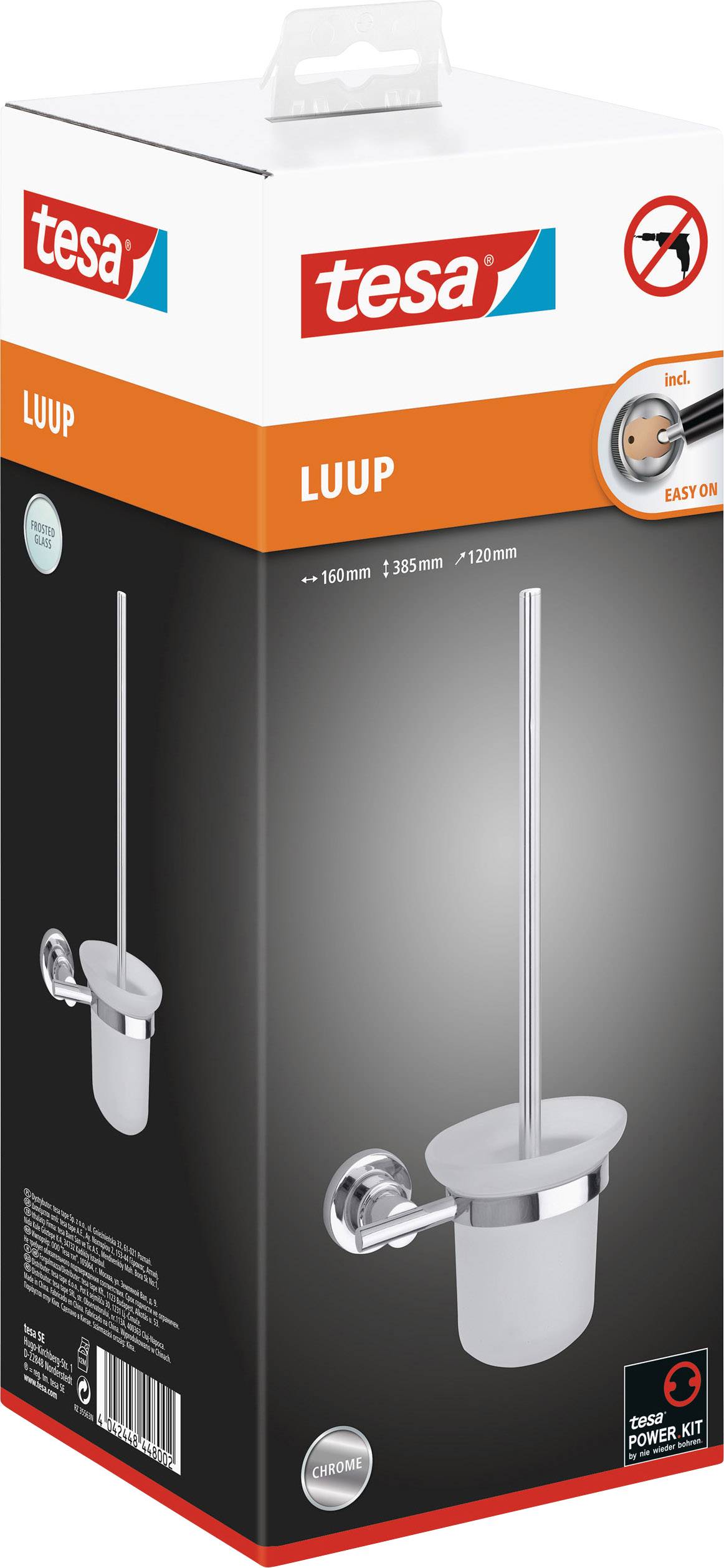 Packaging of a toilet brush holder by Tesa, featuring a mounting bracket and brush, illustrated with a no-drill mounting method, Easy-On system.