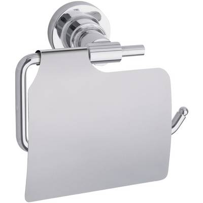 A gleaming metal toilet roll holder with an integrated cover plate, wall-mounted.