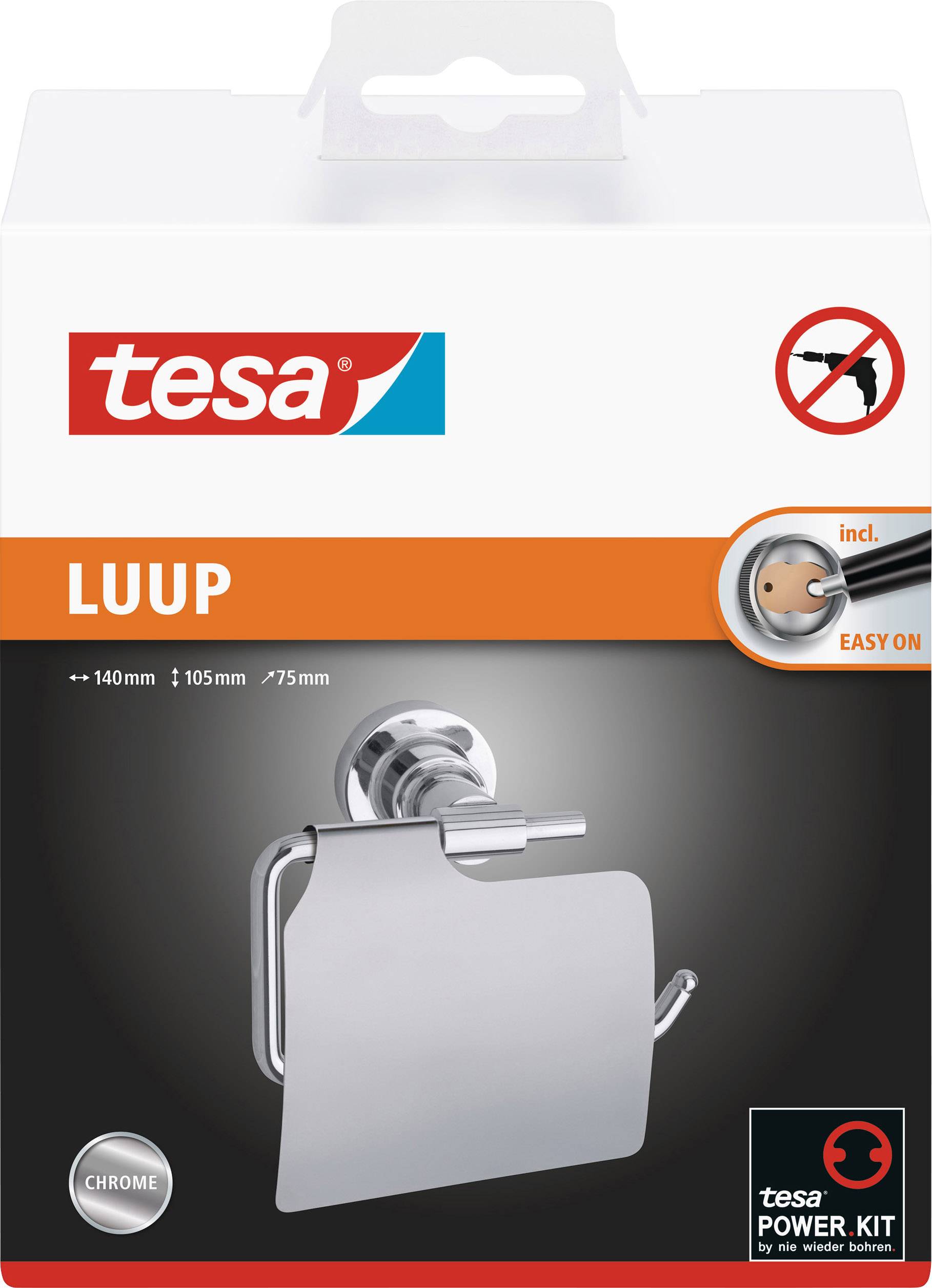Packaging for a Tesa LUUP chrome toilet roll holder with Easy-On mounting, no drilling required. Dimensions: 140mm x 105mm x 75mm.