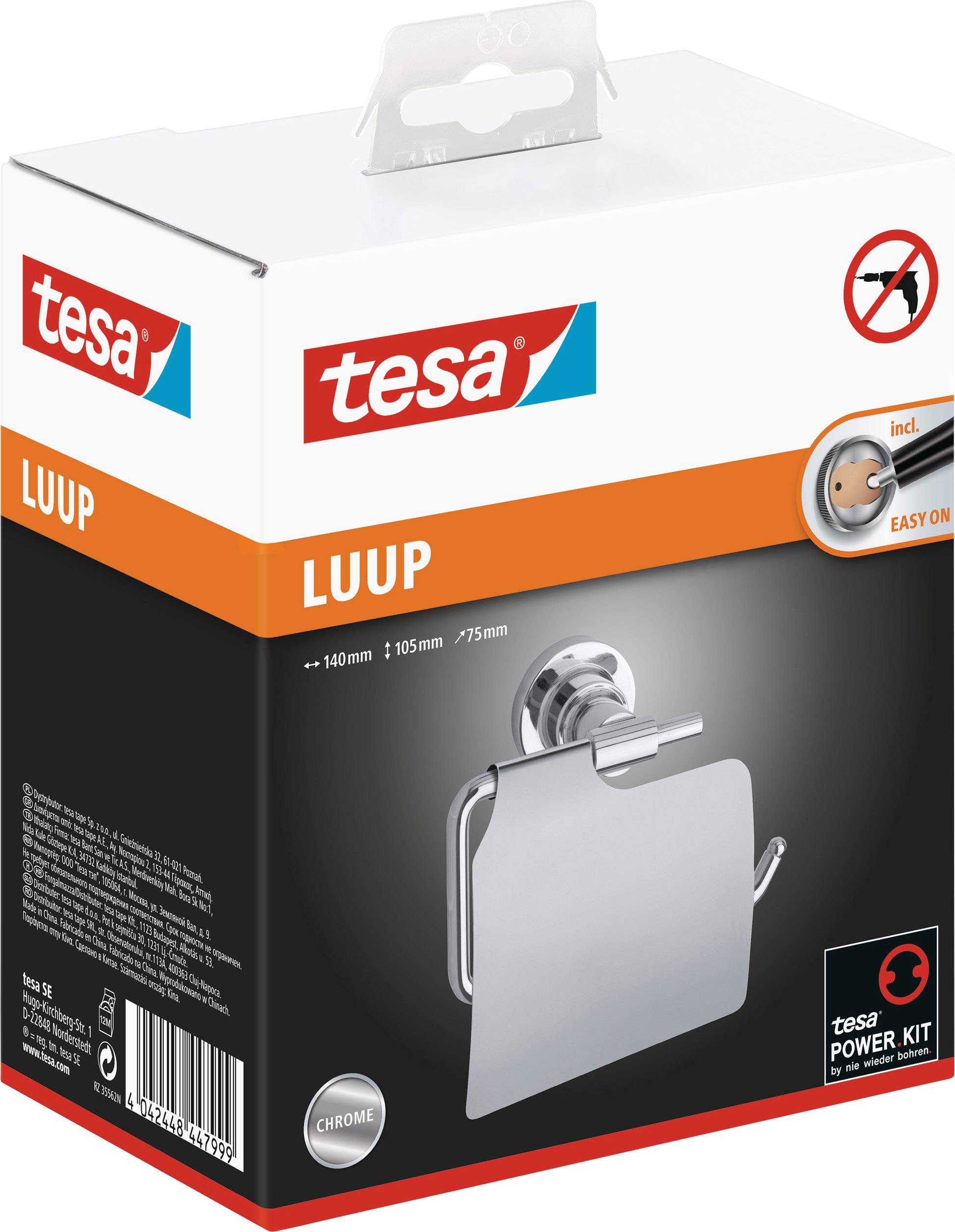 Packaging of a Tesa LUUP chrome toilet roll holder with Power.Kit for easy installation, pictured against a glossy background.