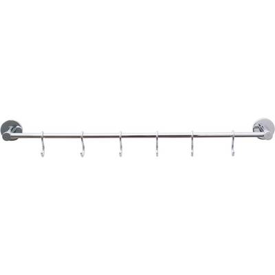A silver, wall-mounted clothing rail system with six metallic hooks, suitable for hanging clothing or accessories.