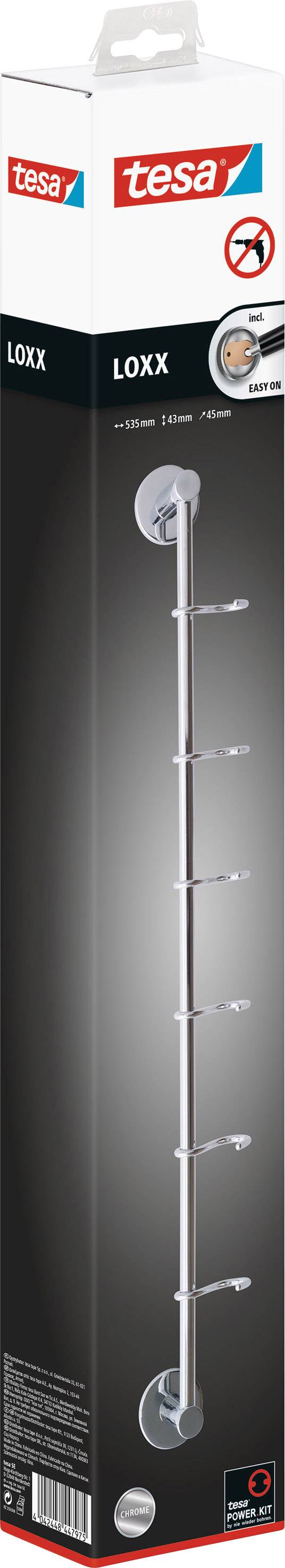 'Loxx shower shelf by tesa, self-adhesive, made of stainless steel, no drilling required, five hooks, for bathroom accessories, shown in original packaging.'