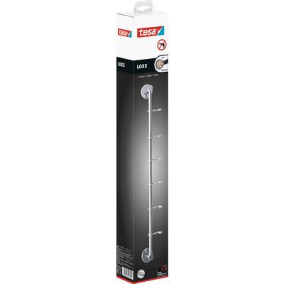 'Loxx shower shelf by tesa, self-adhesive, made of stainless steel, no drilling required, five hooks, for bathroom accessories, shown in original packaging.'