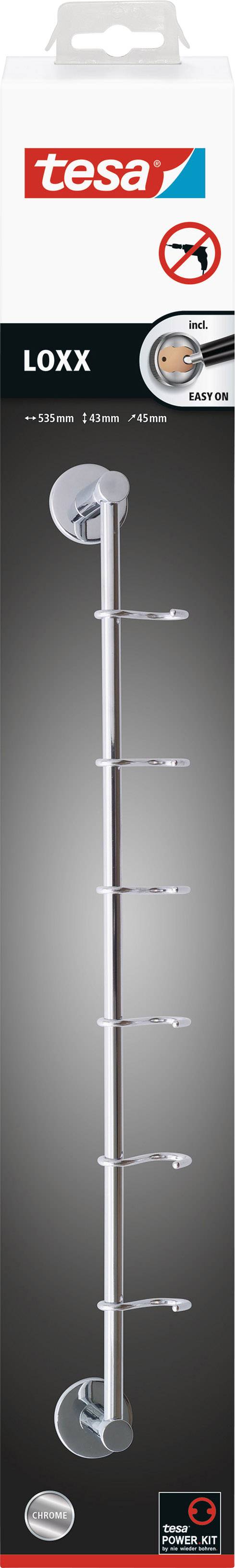 Packaging of a tesa Loxx shower curtain rod set with six hooks, suitable for drill-free installation using Power.Kit technology.