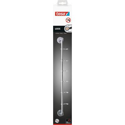 Packaging of a tesa Loxx shower curtain rod set with six hooks, suitable for drill-free installation using Power.Kit technology.
