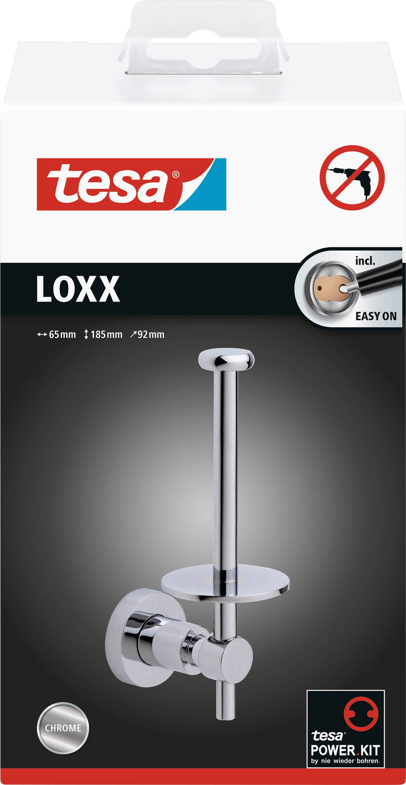 Packaging of a tesa LOXX Toilet Roll Holder in Chrome with No-Drill Fixing