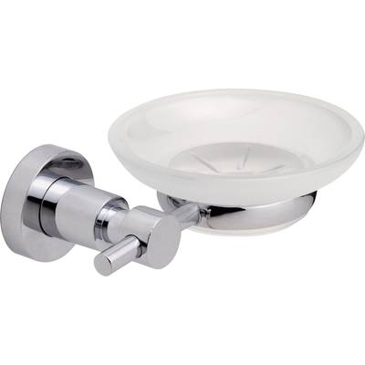 A simple soap dish made of glass and metal, wall-mounted. Ideal for modern bathrooms.