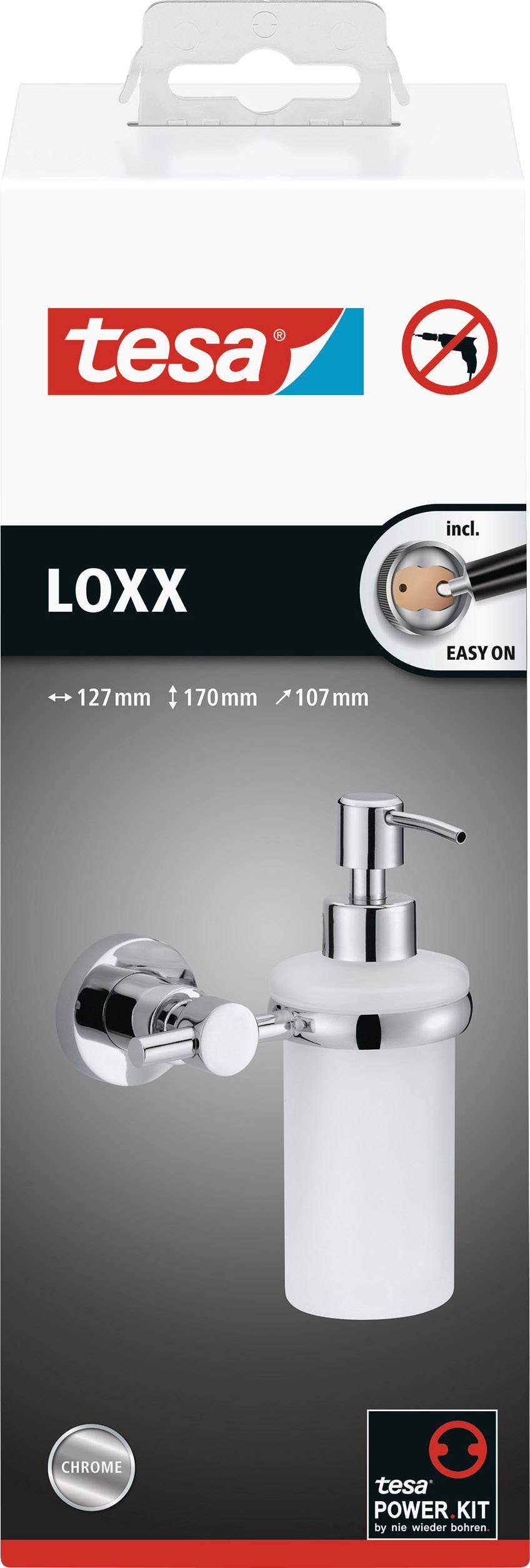 Packaging for a Tesa LOXX soap dispenser with 'Easy On' mounting. Primary colour Chrome, with dimensions 127 mm x 170 mm x 107 mm.
