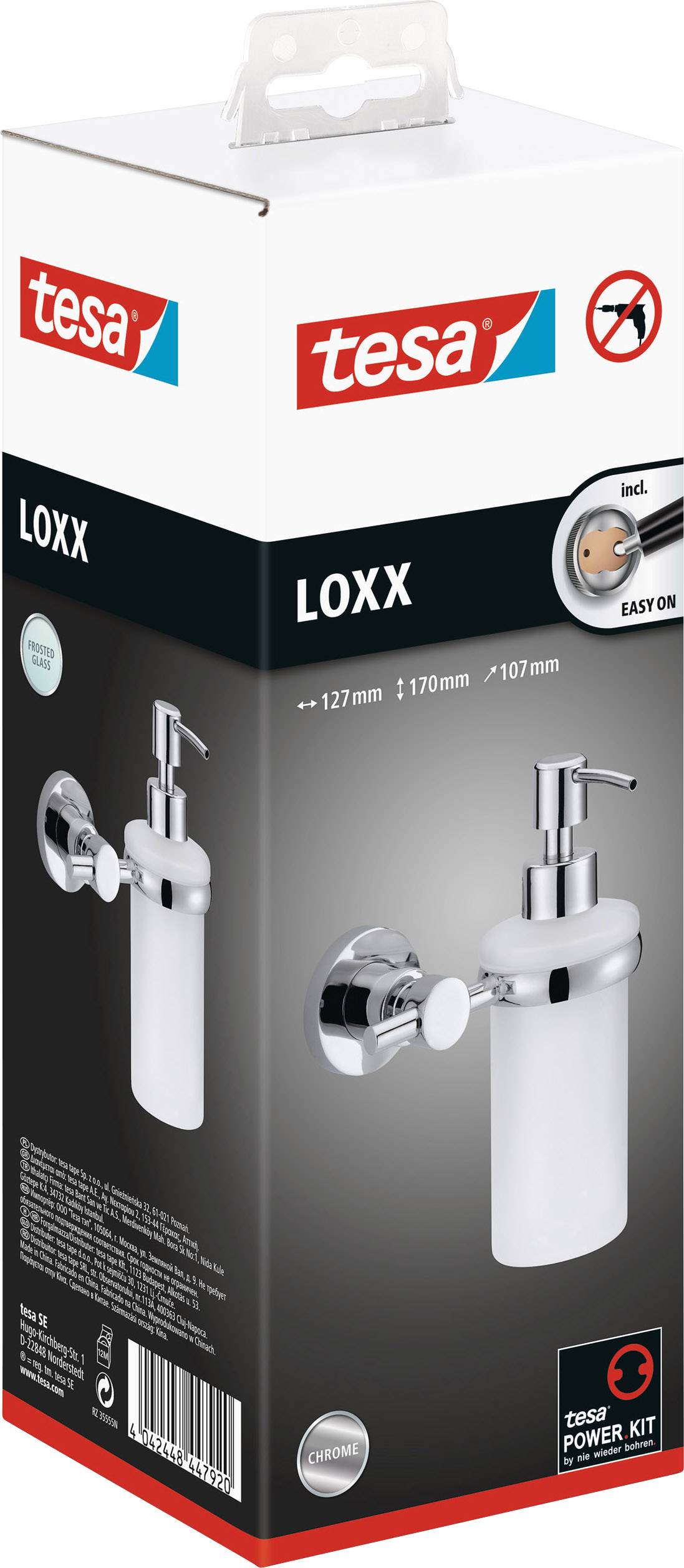 Packaging of a soap dispenser with wall mounting shows the 'tesa LOXX' product with mounting accessories and easy installation.