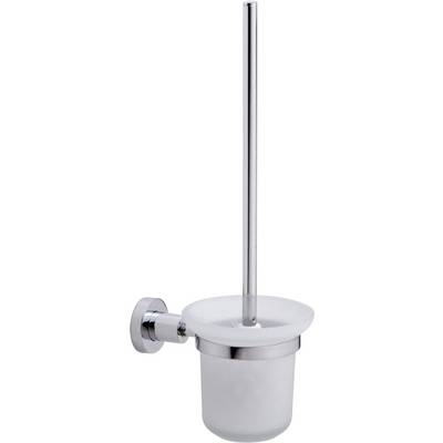 Stainless steel toilet brush holder with transparent container, designed for wall mounting.
