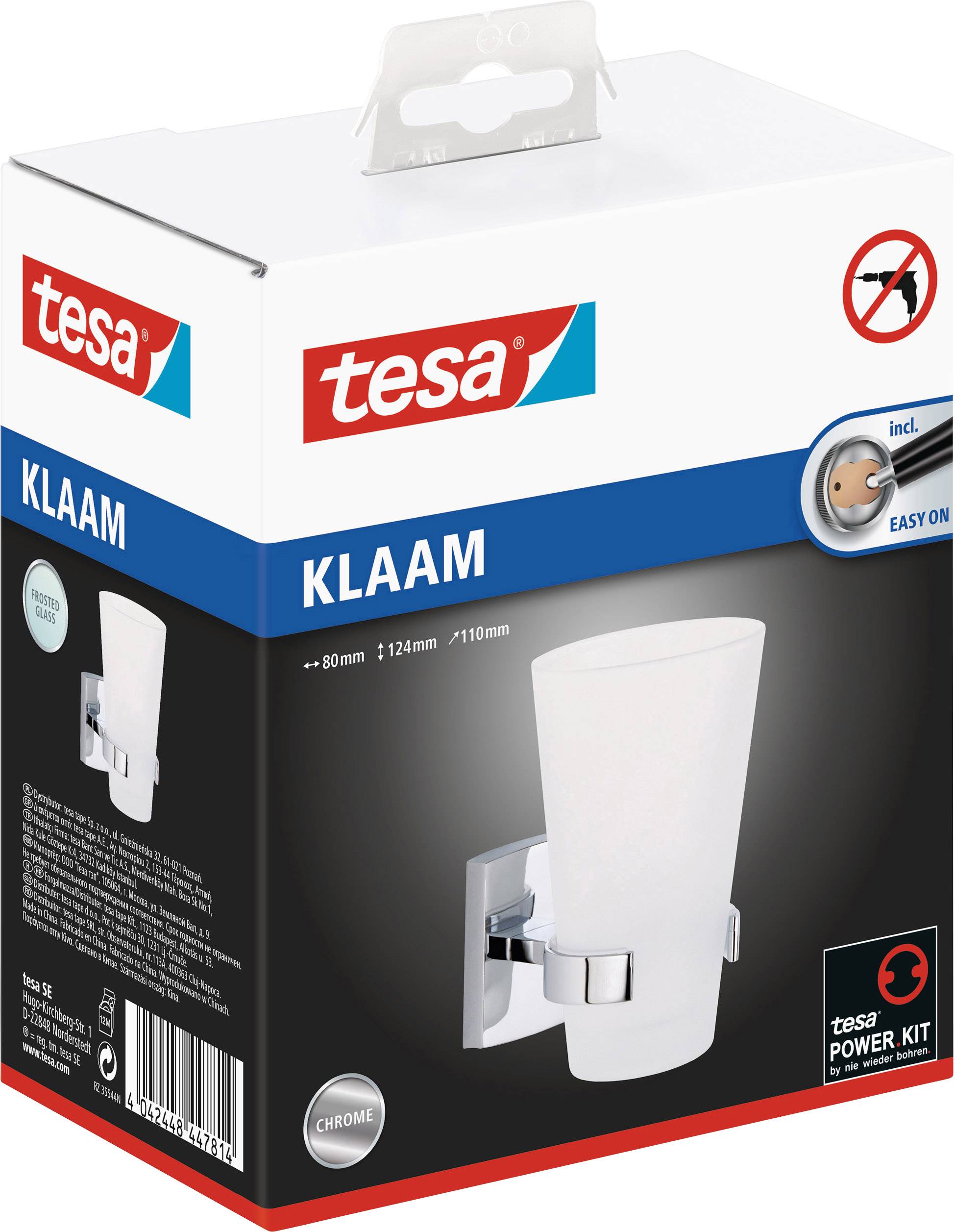 Packaging for the Tesa KLAAM wall mount with cup. Displays an elegant, modern design in chrome. 'Incl. Power.Kit' and 'Easy On'.