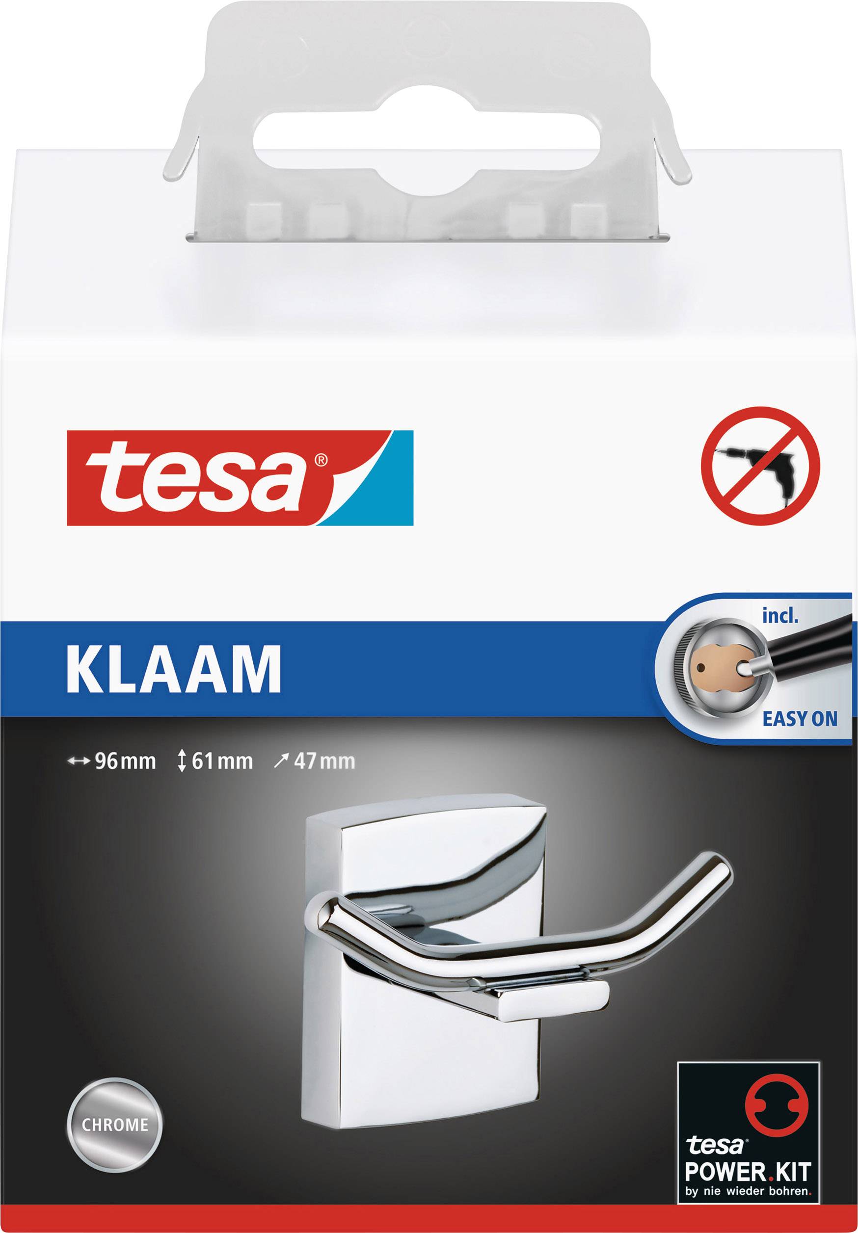 Packaging for a door handle by 'tesa', model 'Klaam', including fixing materials, surface in chrome.