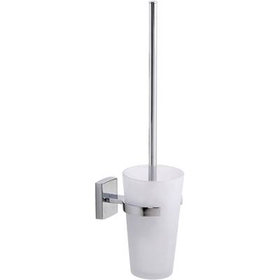 A toilet brush with holder, made of chrome-plated metal, with a simple design. The holder is wall-mounted.