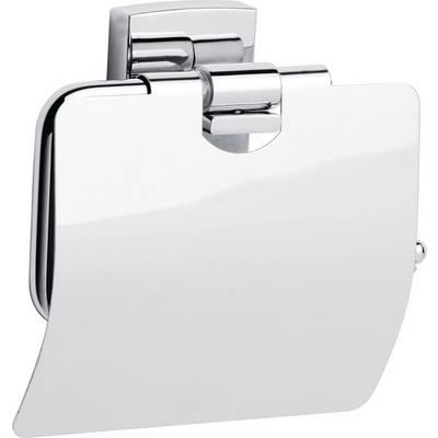 A gleaming, square metal toilet roll holder mounted on the wall. The holder features a rounded cover plate.