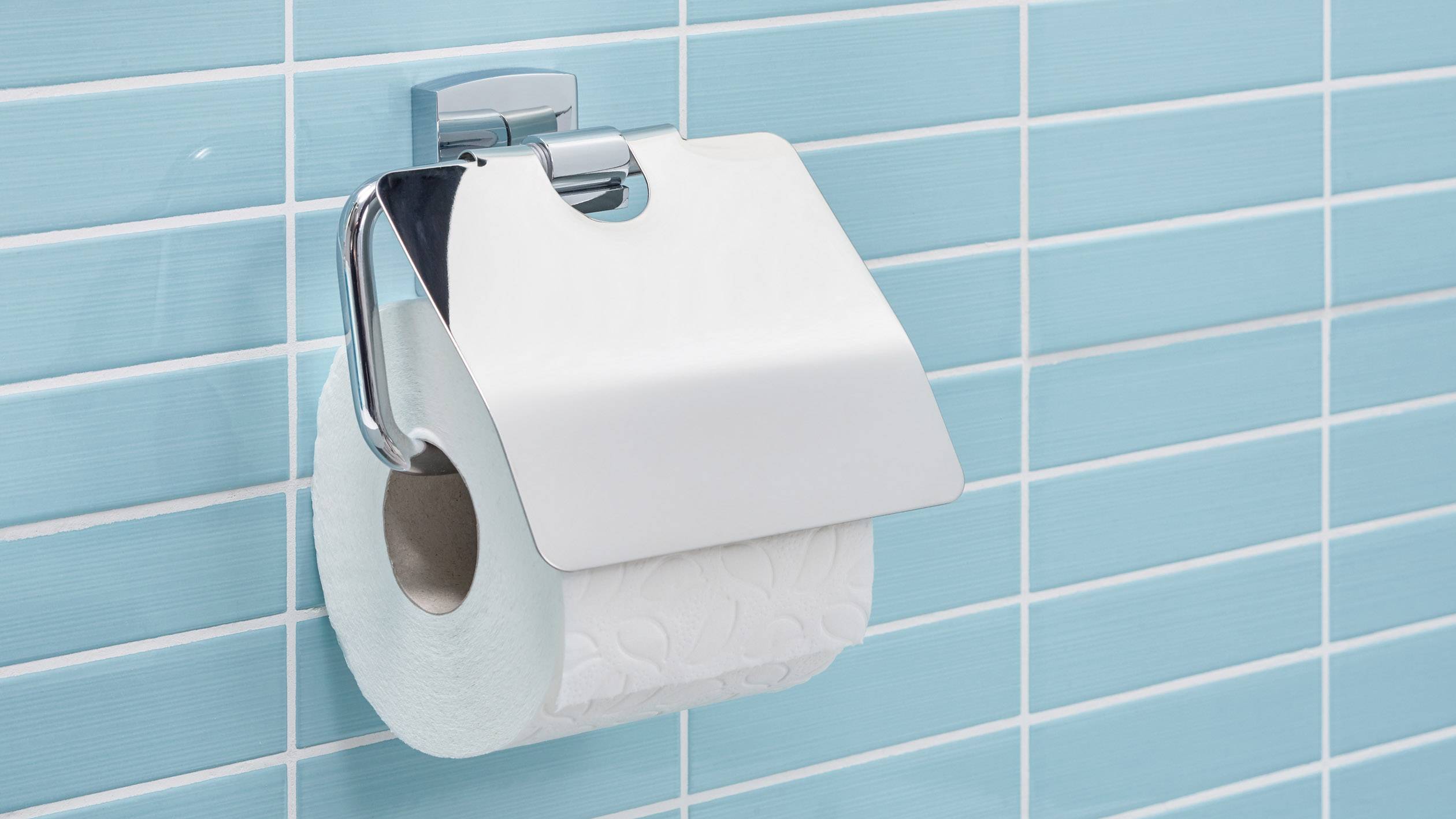 Toilet roll hangs on a silver holder against a blue tiled wall.