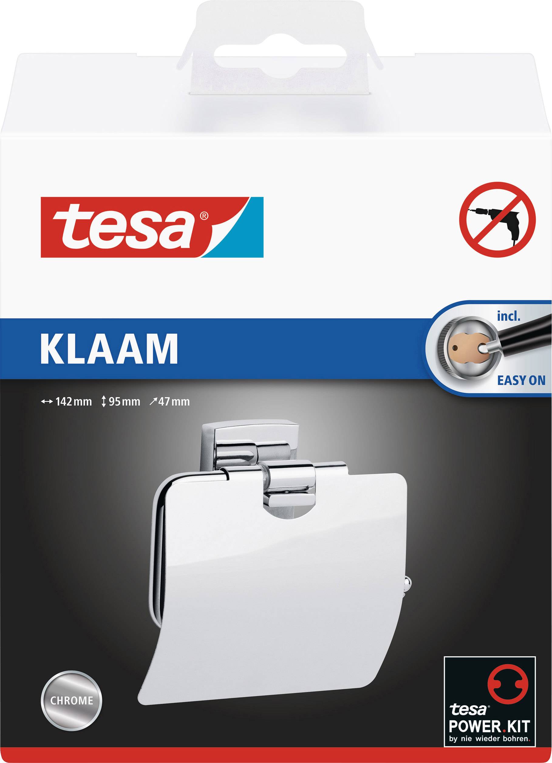 Packaging for a Tesa chrome towel holder, including mounting kit. The product is shown in a pivoting view.