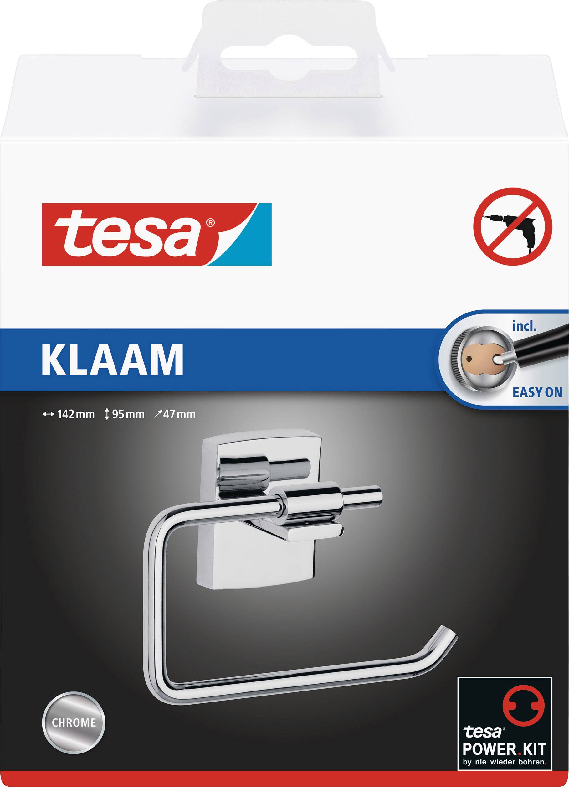 'Illustration of a tesa towel rail packaging, Klaam model, in chrome finish. Includes tesa Power Kit for easy installation.'