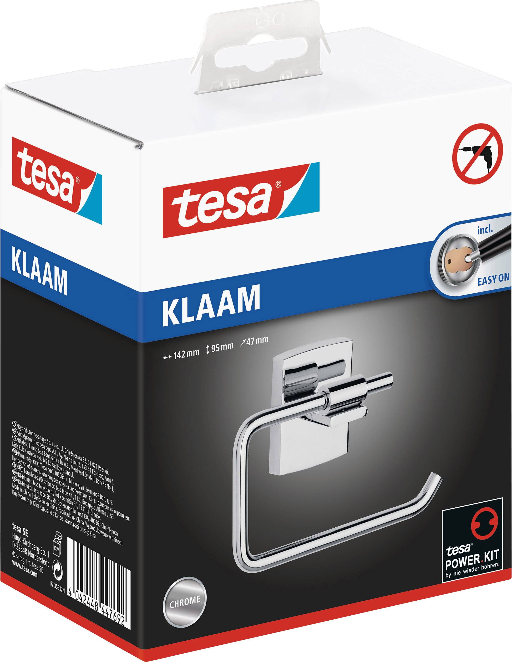 A packaging containing a chrome-plated towel rail by Tesa, easy installation, product name 'Klaam', no drilling required.