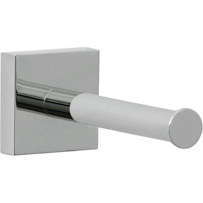 A chrome-plated single-roll toilet roll holder with a square base and cylindrical arm.