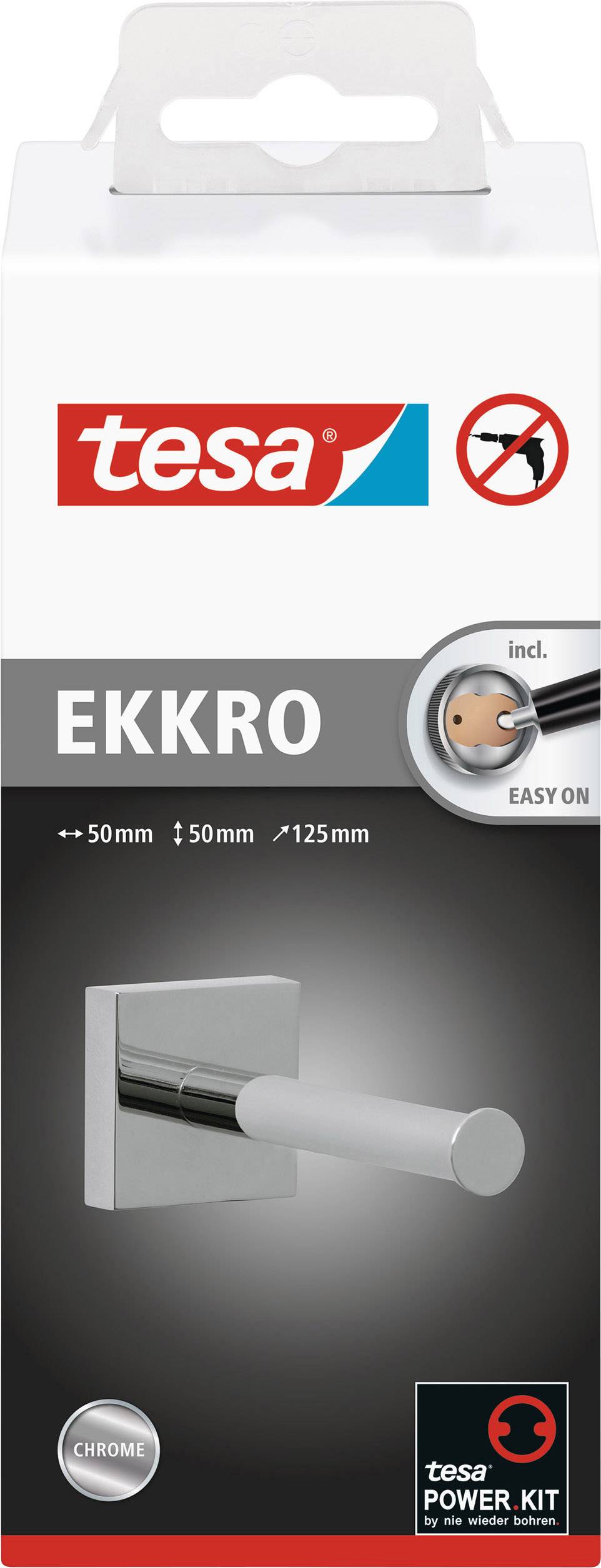 Door handle with square plate, product name 'EKKRO', installation without drilling. Chrome-coloured, dimensions: 50mm x 50mm x 125mm.