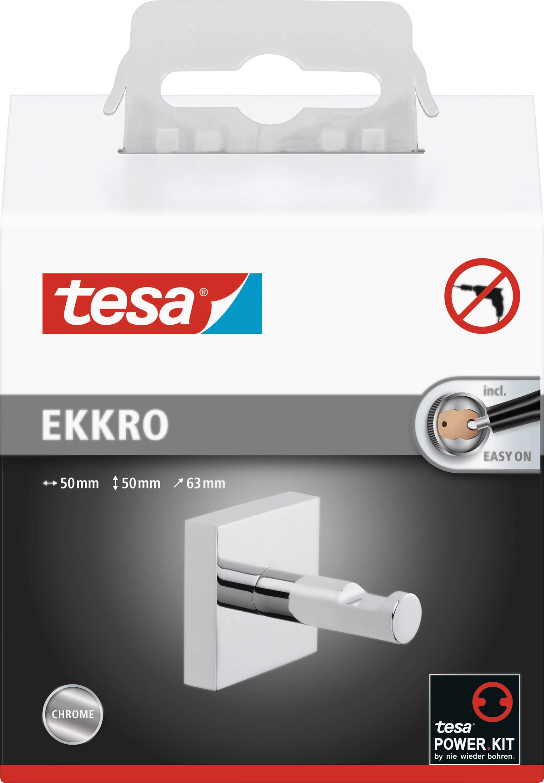 Packaging for a self-adhesive wall hook, brand 'tesa EKKRO', in chrome finish. Hook dimensions: 50x50x63 mm. Installation without drilling.
