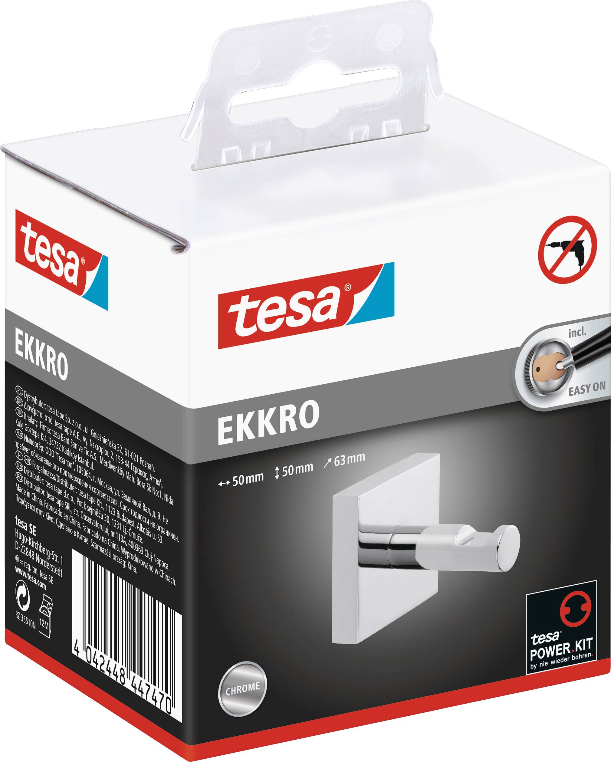 Packaging for a white wall hook by 'tesa' called 'Ekkro'. Contains Power-Kit technology and is easy to install.