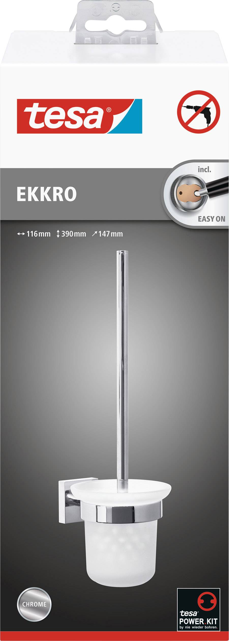 'Packaging for Tesa Ekkro toilet brush holder with integrated adhesive system, easy mounting without drilling, in chrome finish.'