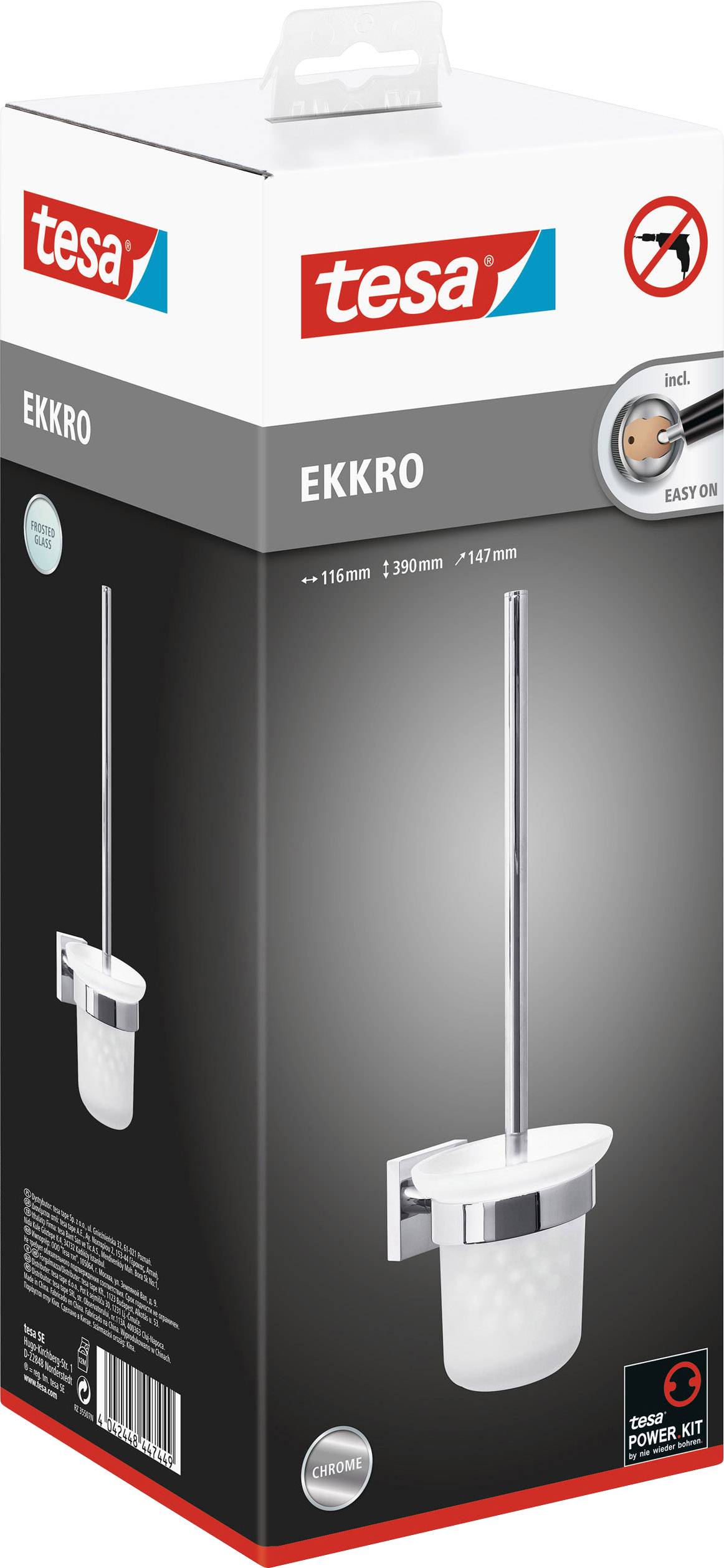 Packaging for a 'tesa EKKRO' toilet brush with adhesive system, no drilling required. Includes brush holder and mounting kit.