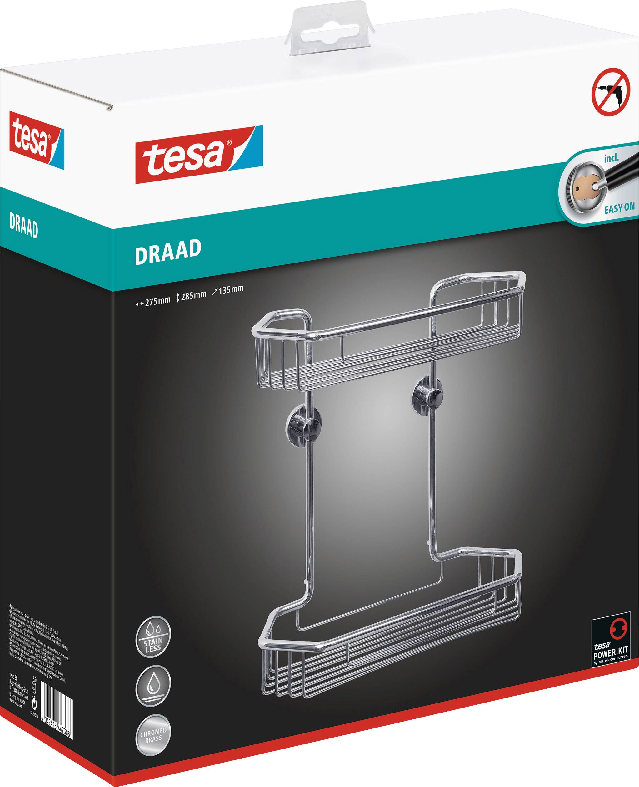 Packaging of a shower basket set by Tesa, model 'Draad', pictured. Holds securely without drilling, thanks to patented mounting system.