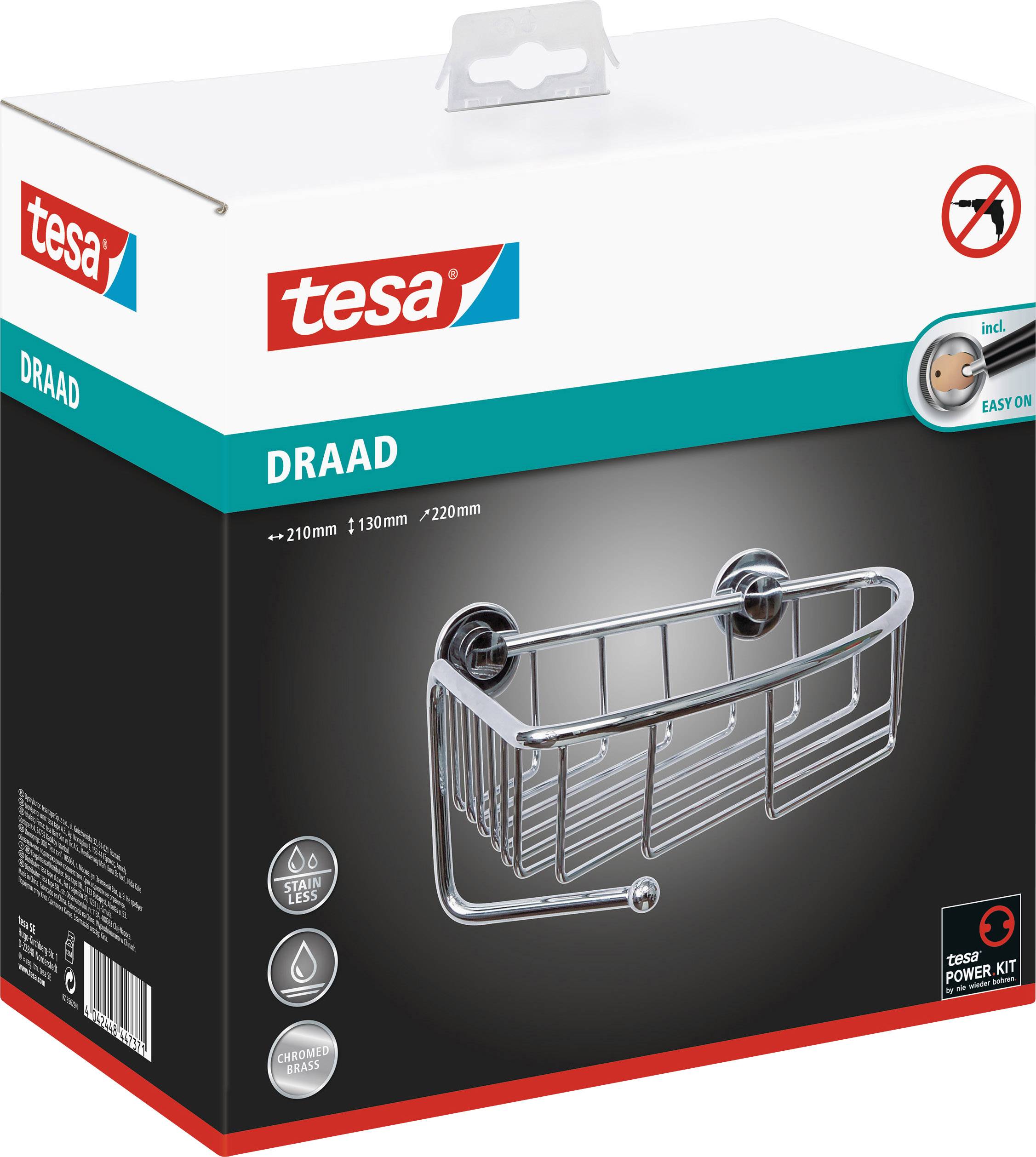 A packaging containing a metal shower basket; brand 'tesa', easy to mount without drilling; dimensions: 210 mm x 130 mm x 220 mm.