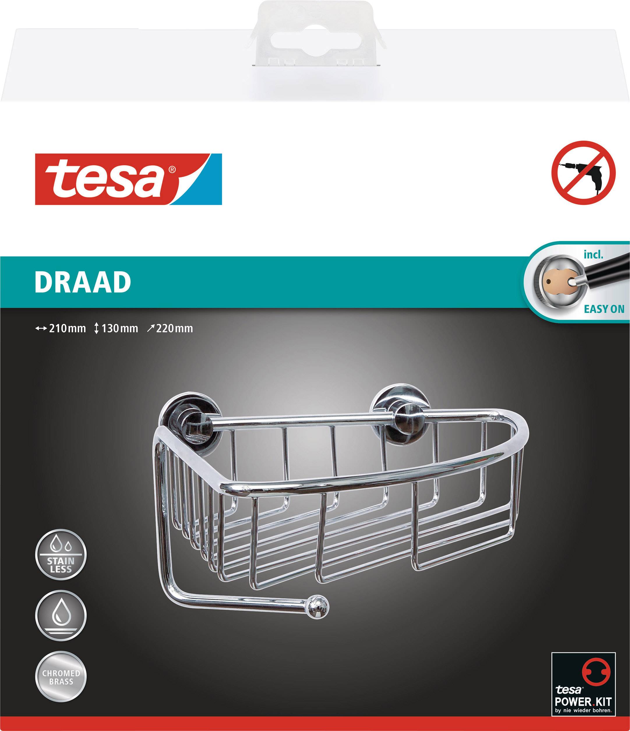 Wall shelf 'Wire' by Tesa in chrome finish; rectangular shape; includes Power Kit for easy installation; dimensions: 210x130x220 mm.