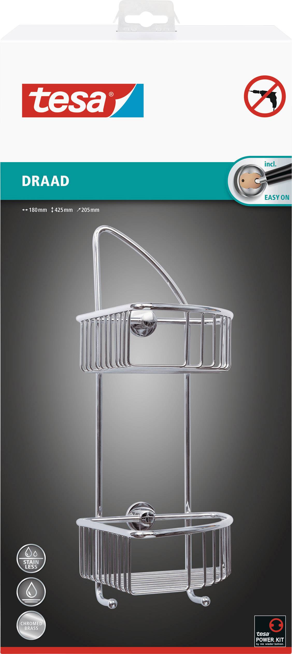 'Tesa Wire Shower Shelf, self-adhesive, no drilling required, chrome-plated, two baskets. Ideal for shower gel and shampoo. Waterproof.'