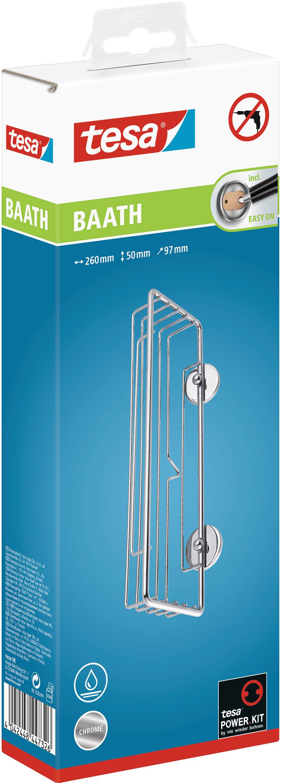 Packaging for a Tesa BAATH shower shelf. Product image shows the shelf with suction cups and dimensions: 260mm x 50mm x 57mm.