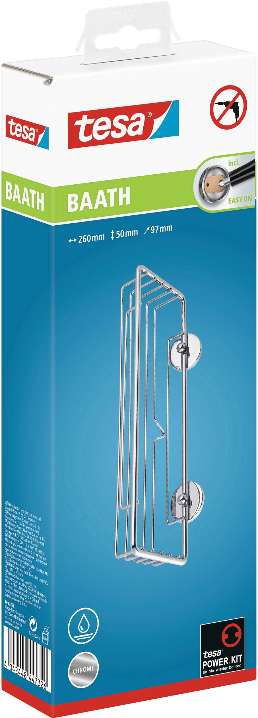 Packaging for a tesa BAATH shower shelf with Easy-On system. Shows the product image, dimensions, and installation instructions on the front of the box.