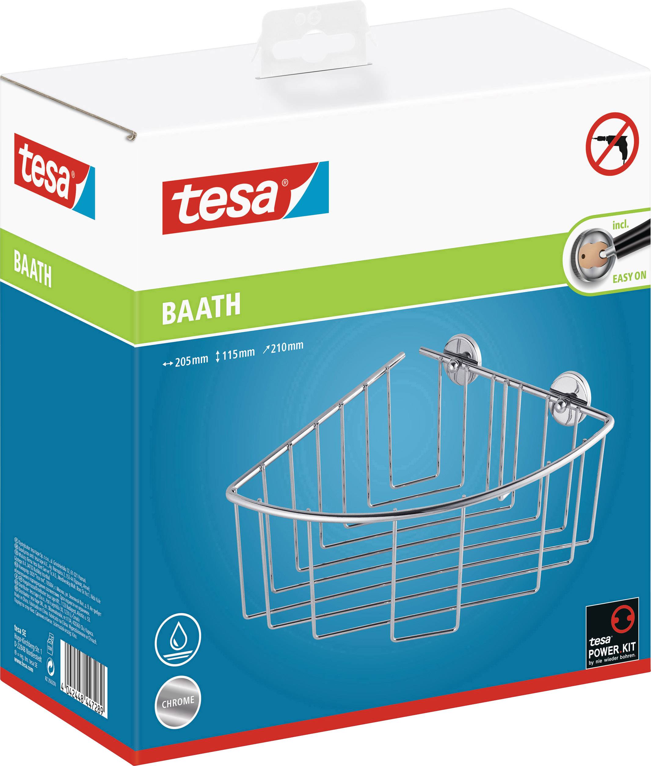 Packaging for a "tesa" BAATH Corner Shower Basket. Stainless steel, rust-resistant, including mounting hardware. Dimensions: 205x115x210mm.