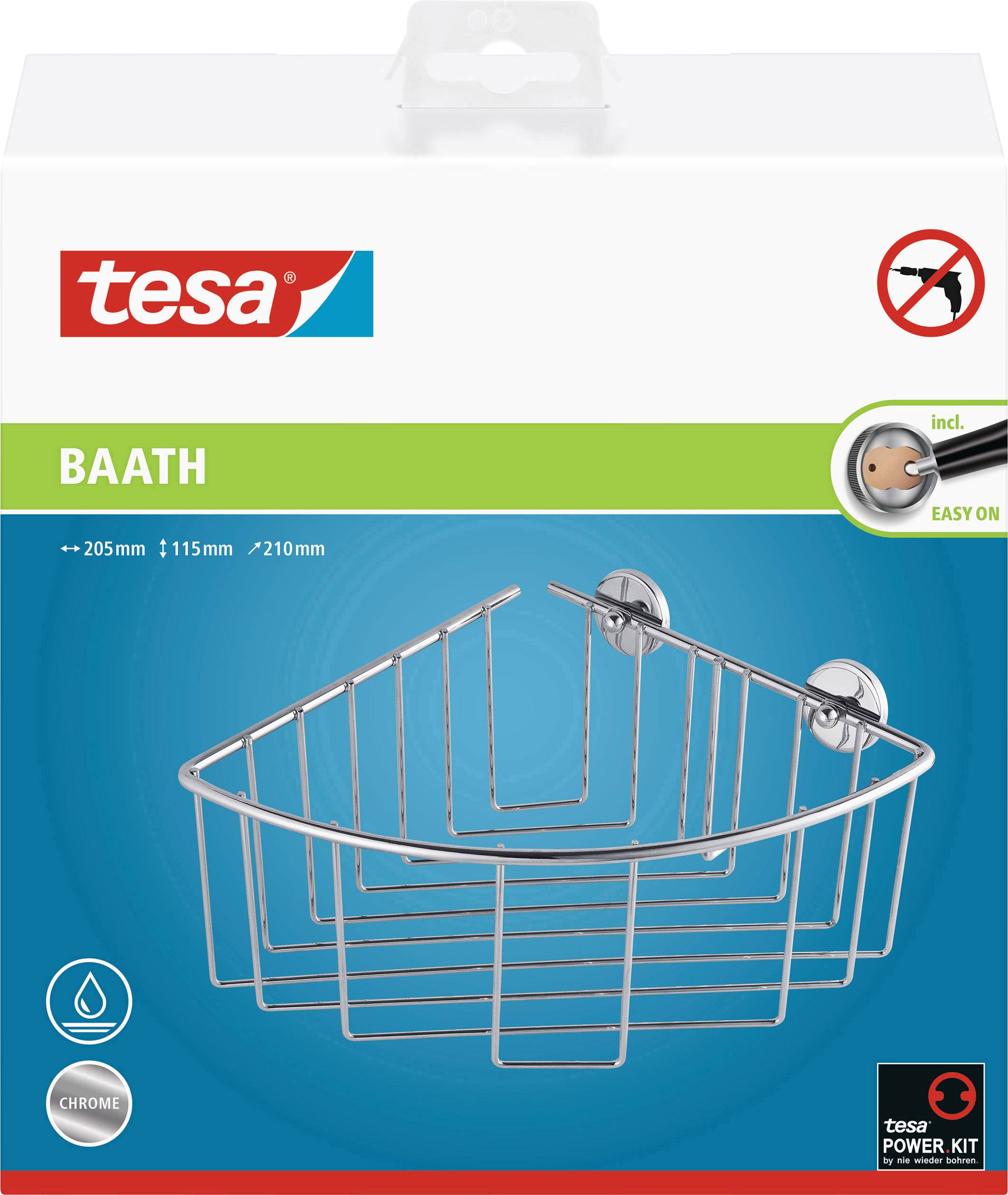 Packaging for a corner shower caddy by 'tesa', model 'BAATH', in chrome finish. Includes 'tesa Power.Kit' for easy installation.
