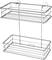 A silver, two-tier, wall-mounted shower shelf with a wire mesh design and two round suction cups for mounting.