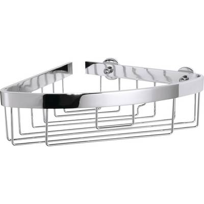 Triangular, chrome-plated shower shelf for wall mounting with two fixing points, suitable for soap or shampoo bottles.