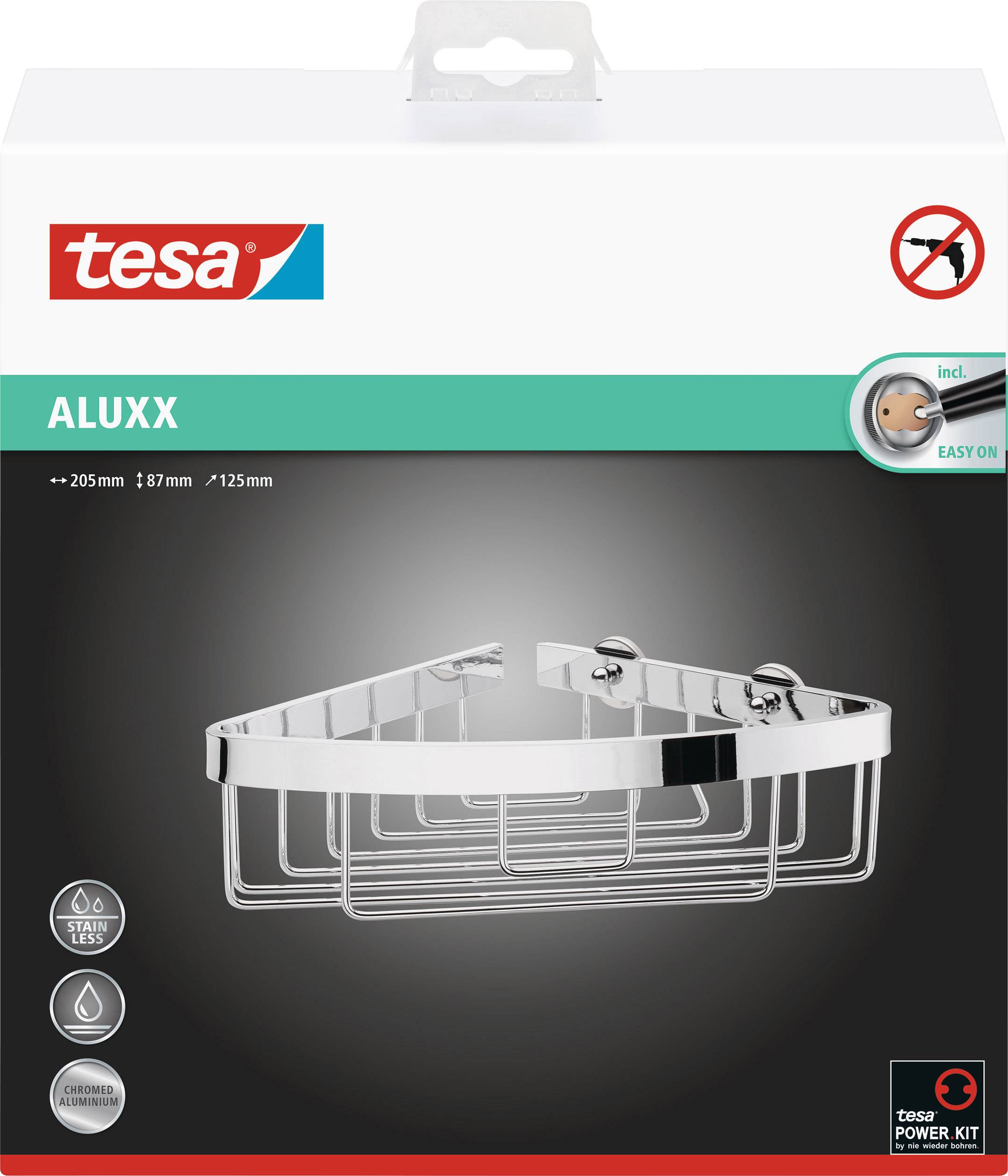 Chrome shower basket, triangular, with dimensions 205 x 87 x 125 mm by Tesa. Packaging displays product image and brand logo.