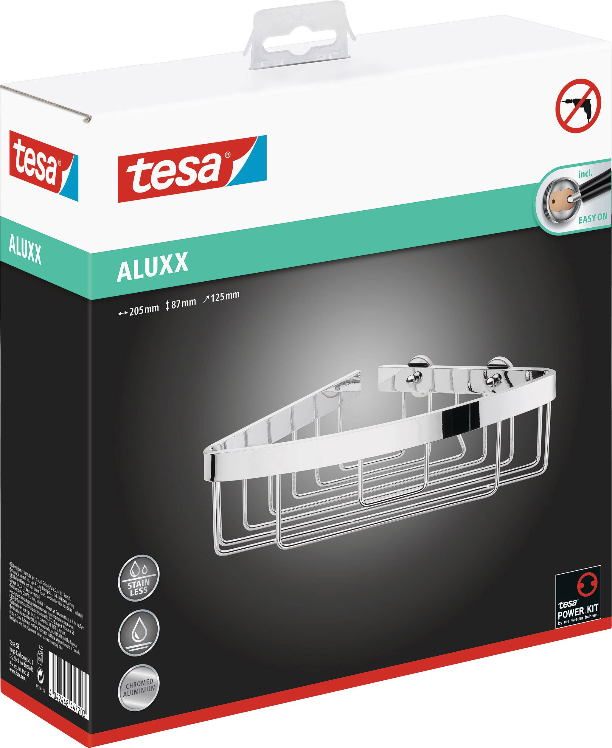 Packaging for a 'tesa ALUXX' chrome corner shower shelf with Power Kit for drill-free installation. Dimensions: 205mm x 87mm x 125mm.