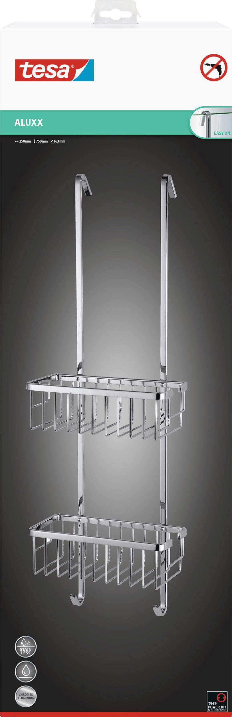 Packaging for a Tesa bathroom shower basket system, featuring two removable baskets in silver, designed to hang over a glass edge.