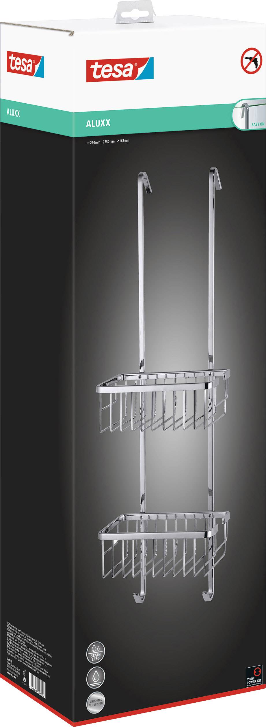 Packaging for a Tesa shower shelf, 'Aluxx' model, with two baskets, suitable for hanging, black and white box with brand logo.